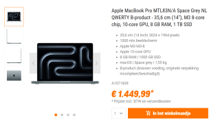 Apple Macbook Pro 2023 14" (MTL83N/A) laptop voor €1.449,99 bij Nbb