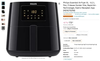 Philips Airfryer 3000 Series XL, 6.2L (1.2Kg) voor €73,95 bij Amazon.nl