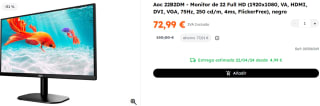 Aoc 22B2DM - Monitor de 22 Full HD (1920x1080, VA, HDMI, DVI, VGA, 75Hz, 250 cd/m, 4ms, FlickerFree) por 72.9€