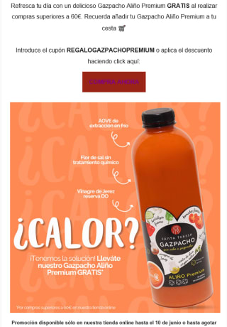 Gazpacho Aliño Premium gratis por compra +60€