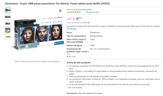 puzle de 1000 piezas panorámico  The Witcher marca Clementoni por 8,82€ (Miravia 8,21€)
