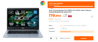 Ordenador Portatil Acer Chromebook 314 CB314-1H-C07W Intel Celeron N4020/8GB/64GB eMMC/14" por 178.99€