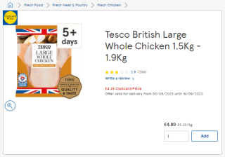 Obtain a British large whole chicken from Tesco as low as £4.25