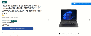 IdeaPad Gaming 3 16 (R7-Windows 11 Home-16GB-512GB-RTX 3050Ti-16" WUXGA voor €699 bij Lenovo