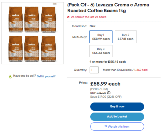 Take 6 packs of Lavazza Crema e Aroma roasted coffee beans from eBay for £43.55