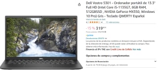 Dell Vostro 5301 - Ordenador portátil de 13.3" Full HD (Intel Core i5-1135G7, 8GB RAM, 512GBSSD , NVIDIA GeForce MX350, Windows 10 Pro) por 319.6€