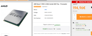 Procesador AMD Ryzen 9 3900 4.3GHz Socket AM4 Tray por 194.96€