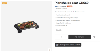 Plancha de asar Jata GR669 con 1600W por 34,90€