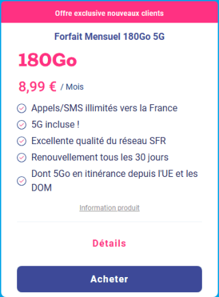 Forfait Mobile : Apples/SMS/MMS illimités 5G + 180Go de Data (5Go en UE) - Sans Engagement à 4,50€