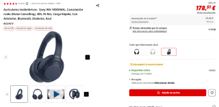 Auriculares inalámbricos Sony WH-1000XM4L, Cancelación ruido (Noise Cancelling), 30h, Hi-Res por 178,51€