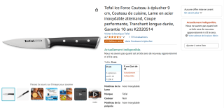 Couteau de cuisine Tefal Ice Force Couteau à éplucher 9 cm, Lame en acier inoxydable allemand, Tranchant longue durée, Garantie 10 ans à 12,06€