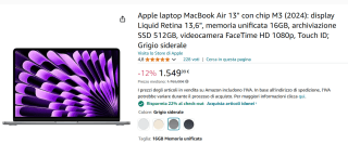 Apple laptop MacBook Air 13" con chip M3 (2024): display Liquid Retina 13,6 voor €1.199,08 bij Amazon