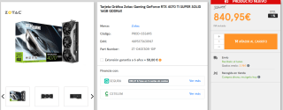 Tarjeta Gráfica Zotac Gaming GeForce RTX 4070 Ti SUPER SOLID 16GB GDDR6X por 840,95€