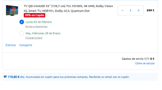 TV QD-MiniLED 55" TCL 55C805 4K UHD Dolby Vision IQ + cupón de 119,80€ por solo 599€
