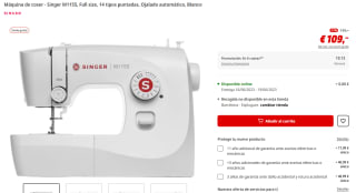 Máquina de coser marca Singer modelo M1155, Full size, 14 tipos puntadas, Ojalado automático, Blanco