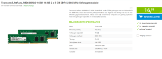 Transcend JetRam JM2666HLG-16GK 16 GB 2 x 8 GB DDR4 2666 MHz VOOR €16,95 Bij Megekko