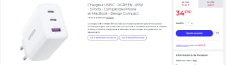 Chargeur USB C - UGREEN - 65W - 3 Ports - Compatible iPhone et MacBook - Design Compact à 34,50€