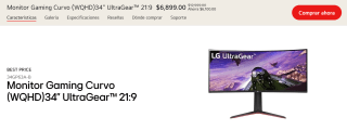 Monitor LG Curvo (WQHD) 34" UltraGear por $5,312 con cupón y SPEI