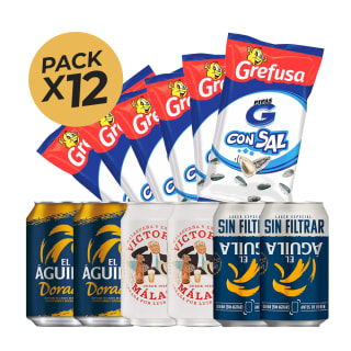 Pack 6 cervezas El Águila sin filtrar + Victoria + Águila dorada + 6 packs pipas Grefusa con sal