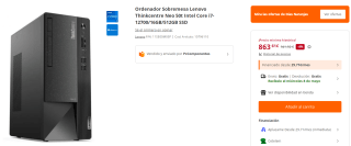 Ordenador Lenovo Thinkcentre Neo 50t Intel Core i7-12700/16GB/512GB SSD por 863.61€