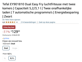 Tefal EY901810 Dual Easy Fry dmv cashback voor 99,99 euro