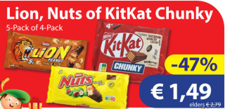 4-pack of 5-pack Lion, Nuts of KitKat Chunky voor €1,49 bij Die Grenze