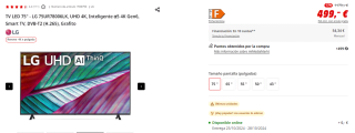 TV LED 75" LG 75UR78006LK, UHD 4K, Inteligente α5 4K Gen6, Smart TV por 499€ (newsletter por 489€)