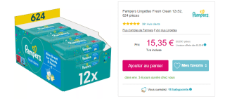 Pampers Lingettes Bébé Fresh Clean, 624 Lingettes à 15,37€