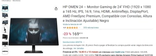Monitor gaming HP OMEN 24 de 1920 x 1080 a 165 Hz, IPS, 16:9, 1ms por 169€