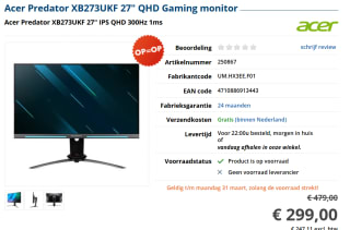Acer Predator XB273UKFbmiipruzxi - QHD Gaming Monitor voor €299 bij Informatique