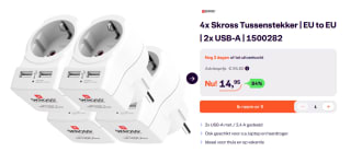 4 stuks SKROSS - Home Europe Stopcontact Verlenger met USB Hub - 2xUSB voor €14,95 bij Ibood