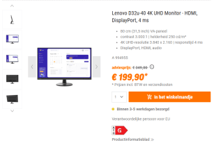 Lenovo D32u-40 LED display 80 cm (31.5") 3840 x 2160 Pixels 4K Ultra HD Zwart voor €199,90 bij NBB