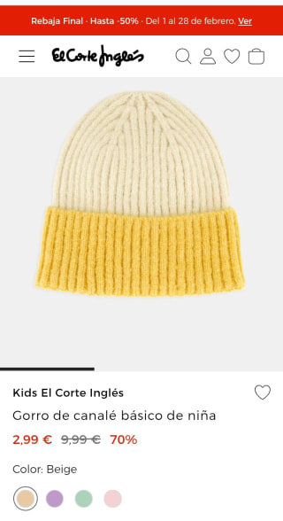 Kids El Corte Inglés Gorro canalé niña por 2,99€.