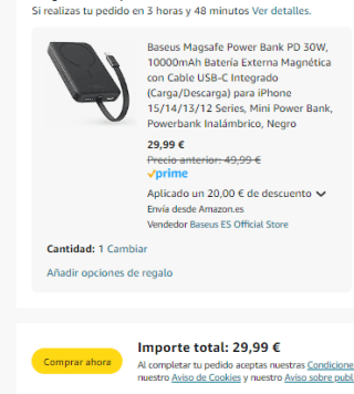 Power Bank Baseus Magsafe PD 30W con carga inalámbrica por 29,99€