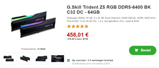 G.Skill Trident Z5 RGB F5-6400J3239G32GX2-TZ5RK voor €458,01bij Proshop