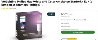 Philips Hue White and Color Ambiance Starterkit E27 (2 lampen, dimmer + bridge) voor €75 bij Beter Bed