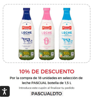 10% dto Por la compra de 18 unidades en selección de leche PASCUAL, botella 1,5 l