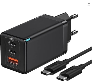 Baseus Oplader 65 W, GaN Tech, USB-oplader met snellaadkabel, USB C 100 W (zwart) voor €23 bij Amazon.de