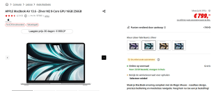 Apple MacBook Air 2024 13,6'' - M2, 8 Core CPU, 8 Core GPU, 16GB RAM, 256GB SSD, Qwerty, Zilver voor €799 bij de Mediamarkt