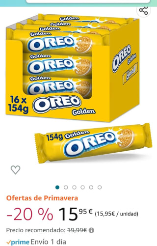 Oreo Golden Galletas de Vainilla Rellenas de Crema Sabor Vainilla 154g Pack de 16 por 15,95€.