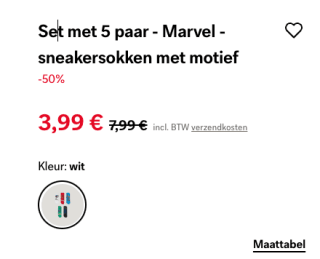 Marvel sneakersokken 5 paar voor €3,99 en 4 paar voor €2,99