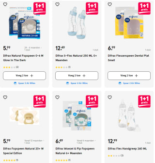 1+1 gratis op veel Difrax fopspenen en flessen via Etos
