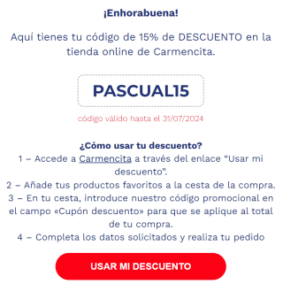 15% dto + regalo de bienvenida en compras de Carmencita