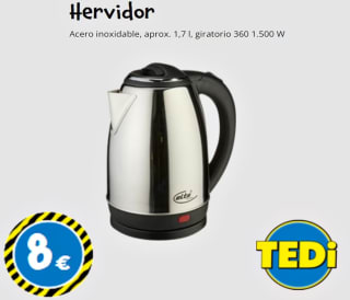 Hervidor acero inoxidable 1,7 l. 1500W por solo 8€ en Tedi