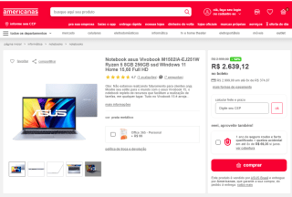 Notebook da ASUS, modelo Vivobook AMD Ryzen 5 4600H - R$ 2.639,12