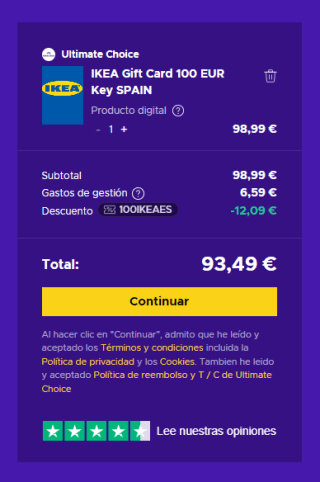 Tarjeta IKEA de 100€ por solo 93,49€