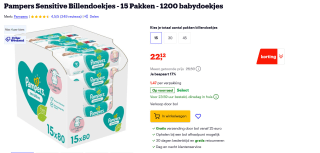 Pampers Billendoekjes Sensitive 15x80 = 1200 stuks voor €22,12 bij Bol