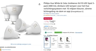 Philips Hue GU10 White & Color spots 5-pack voor €132,99 dmv code met Amazon prime