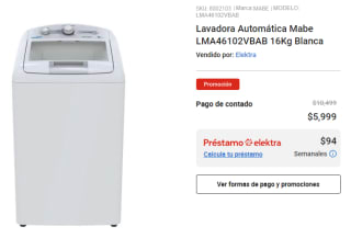 Lavadora Automática Mabe 16kg por $5,999 en Elektra