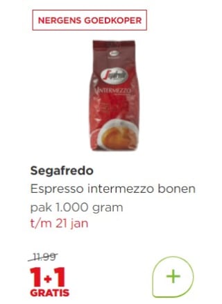 SEGAFREDO Espresso intermezzo bonen 1 KG 1+1 gratis bij de Plus